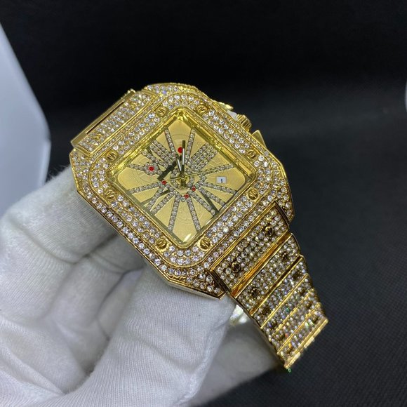 Luxury Square 18K Gold Plated Men's Bling Hip Hop Iced Out Watch - Picture 3 of 6